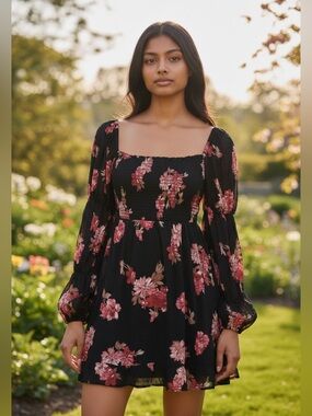 Heart & Heels Floral Square-Neck Smocked Bodice Mini Dress with Long Sleeves